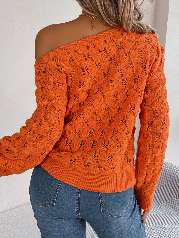 Blue Zone Planet | feather hollow one-line collar off-shoulder lantern sleeve sweater BLUE ZONE PLANET