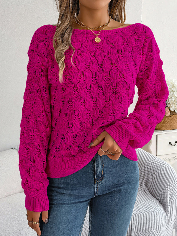 Blue Zone Planet | feather hollow one-line collar off-shoulder lantern sleeve sweater BLUE ZONE PLANET