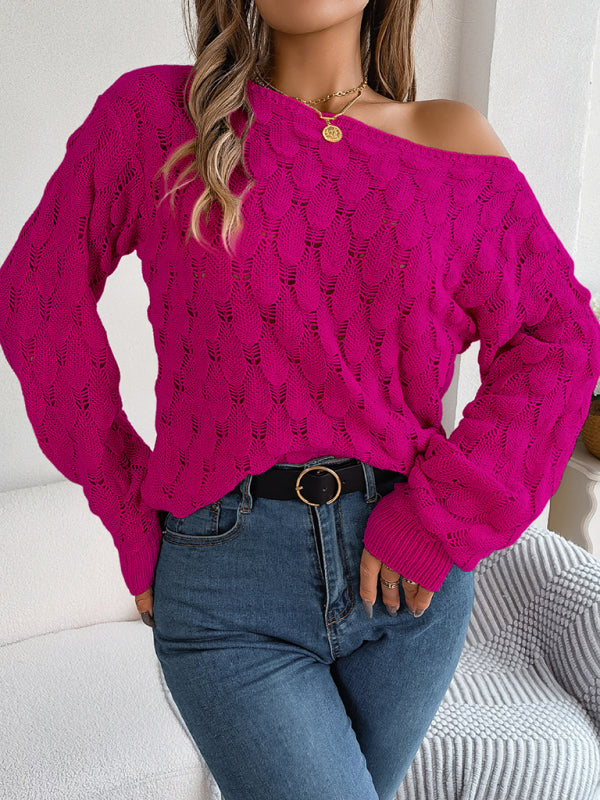 Blue Zone Planet | feather hollow one-line collar off-shoulder lantern sleeve sweater BLUE ZONE PLANET