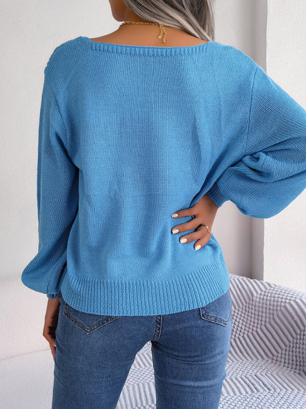 Blue Zone Planet |  square neck twist lantern sleeve pullover sweater BLUE ZONE PLANET