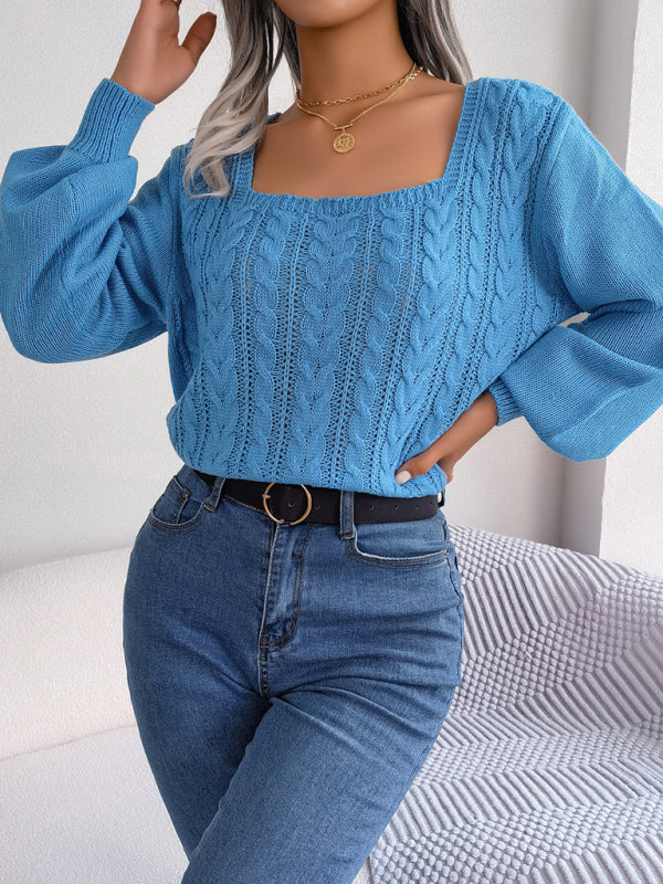 Blue Zone Planet |  square neck twist lantern sleeve pullover sweater BLUE ZONE PLANET