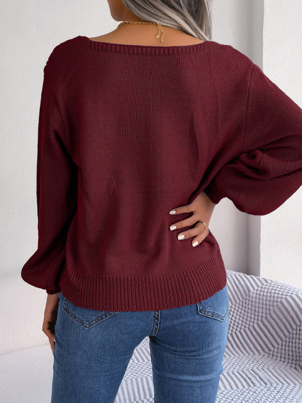 Blue Zone Planet |  square neck twist lantern sleeve pullover sweater BLUE ZONE PLANET