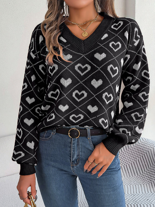 Blue Zone Planet | sweet contrasting color heart lantern sleeve pullover sweater BLUE ZONE PLANET