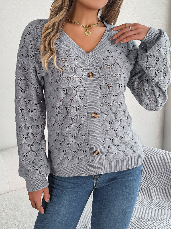 V-neck buttoned hollow lantern sleeve pullover sweater BLUE ZONE PLANET