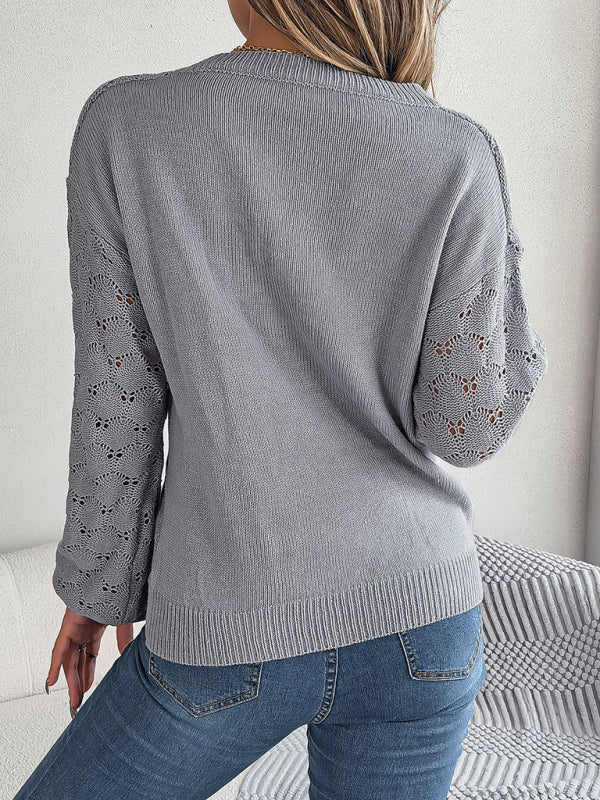 V-neck buttoned hollow lantern sleeve pullover sweater BLUE ZONE PLANET