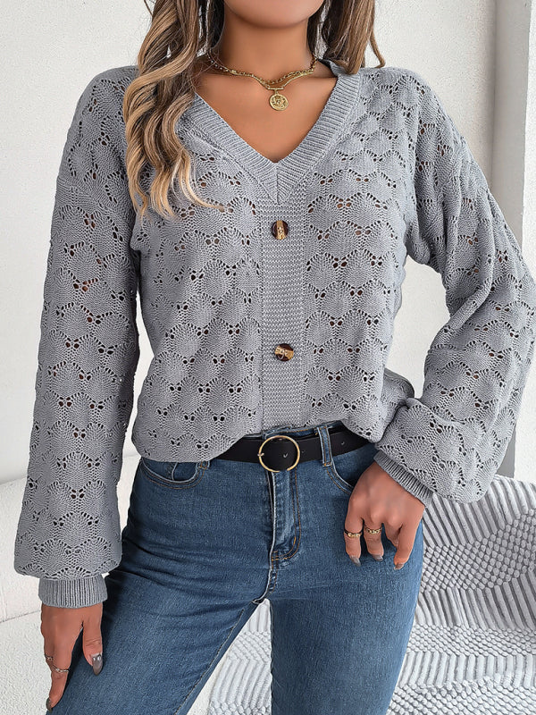 V-neck buttoned hollow lantern sleeve pullover sweater BLUE ZONE PLANET