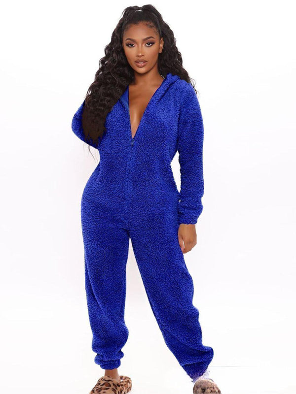 Long Sleeve Hooded Jumpsuit Pants Plush Loungewear BLUE ZONE PLANET