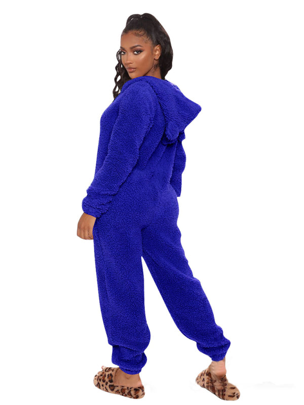 Long Sleeve Hooded Jumpsuit Pants Plush Loungewear BLUE ZONE PLANET