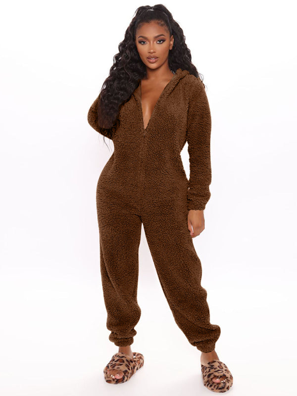 Long Sleeve Hooded Jumpsuit Pants Plush Loungewear BLUE ZONE PLANET