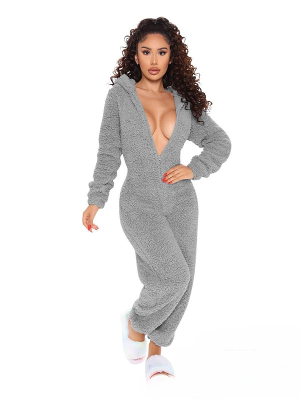 Long Sleeve Hooded Jumpsuit Pants Plush Loungewear BLUE ZONE PLANET