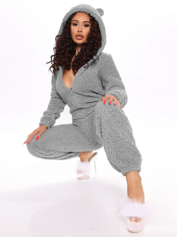 Long Sleeve Hooded Jumpsuit Pants Plush Loungewear BLUE ZONE PLANET