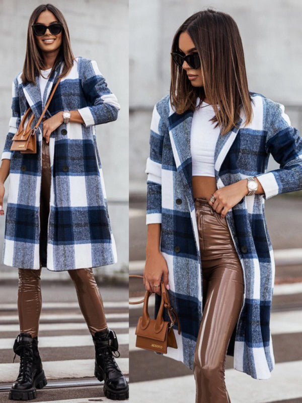 Blue Zone Planet | mid-length plaid woolen printed coat BLUE ZONE PLANET