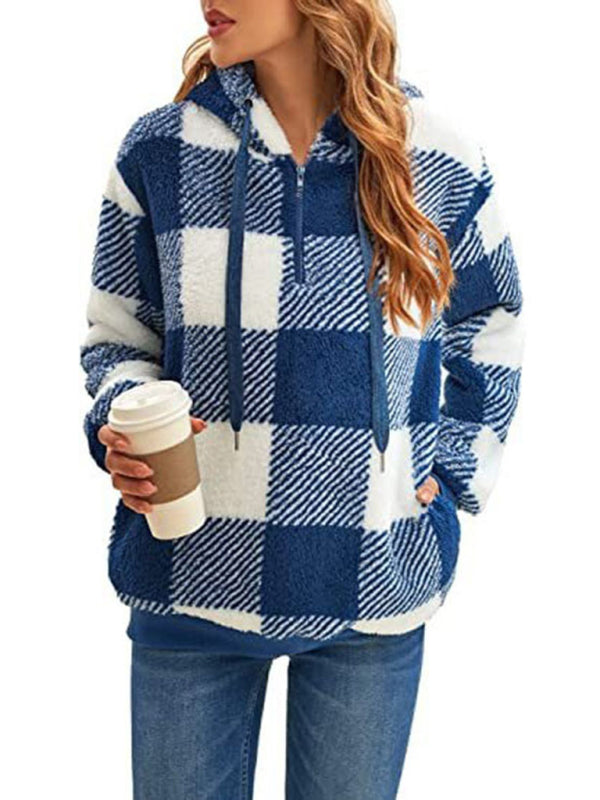 Blue Zone Planet |  Long sleeve hooded plaid plush sweatshirt BLUE ZONE PLANET