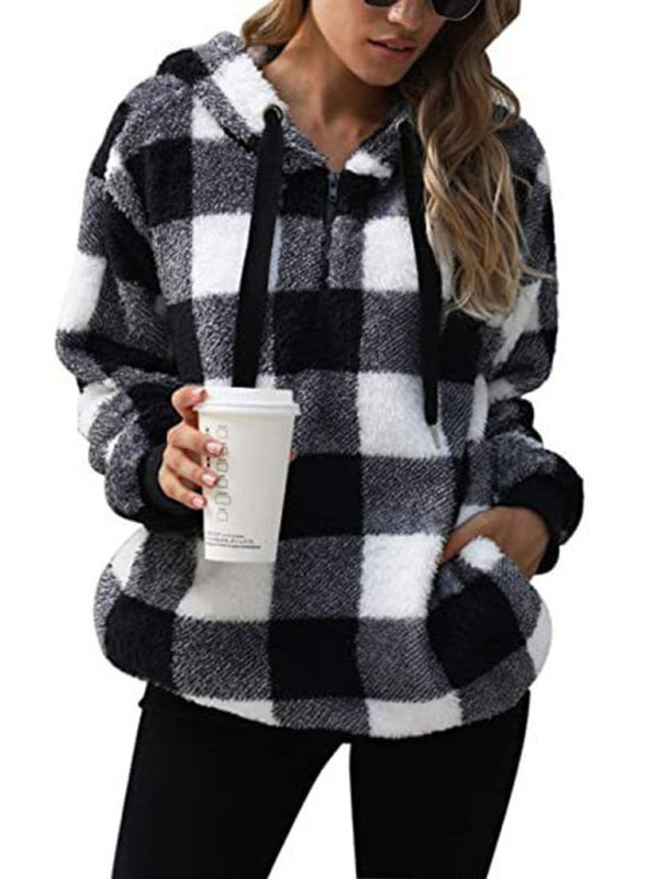 Blue Zone Planet |  Long sleeve hooded plaid plush sweatshirt BLUE ZONE PLANET