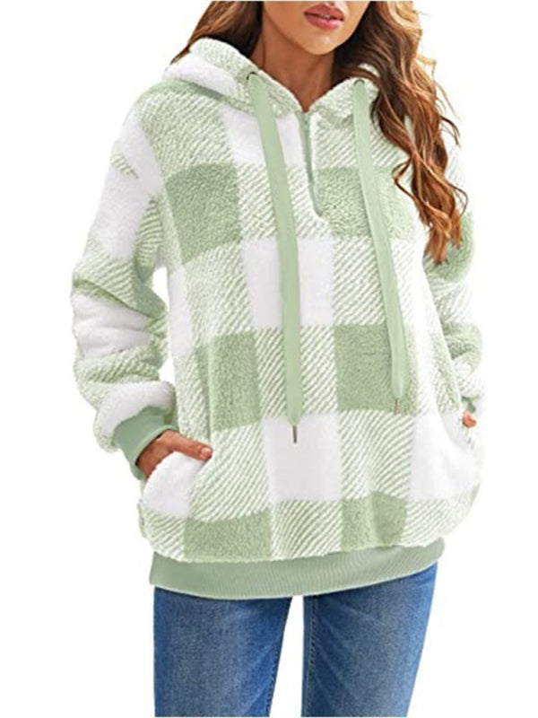 Blue Zone Planet |  Long sleeve hooded plaid plush sweatshirt BLUE ZONE PLANET