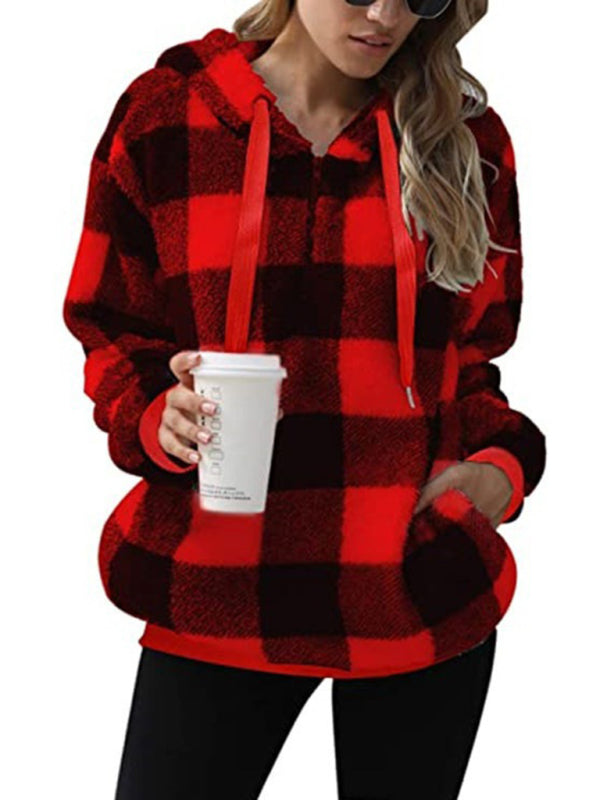 Blue Zone Planet |  Long sleeve hooded plaid plush sweatshirt BLUE ZONE PLANET