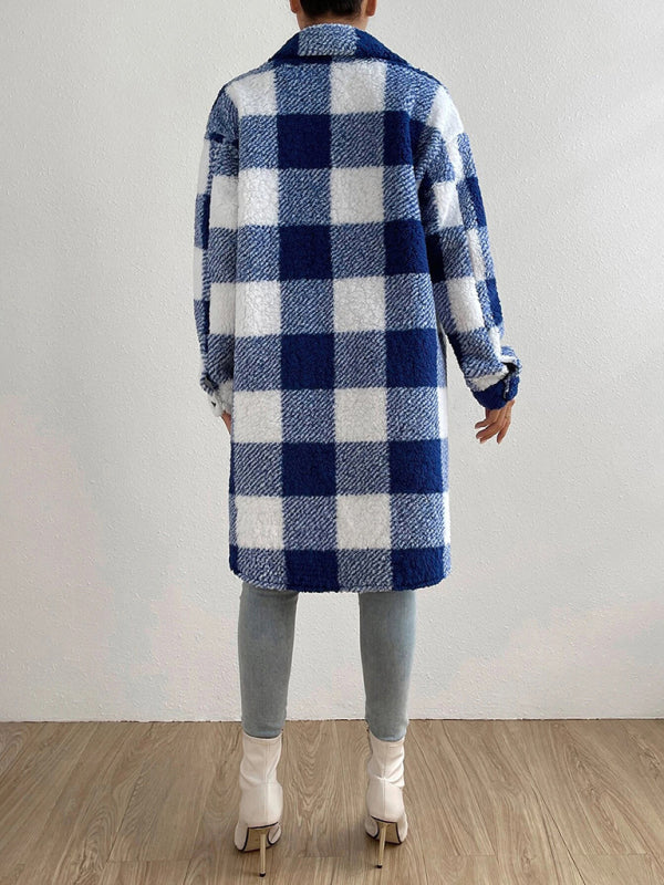 Autumn and winter open buckle lapel plush plaid coat loose temperament commuter long coat-[Adult]-[Female]-2022 Online Blue Zone Planet