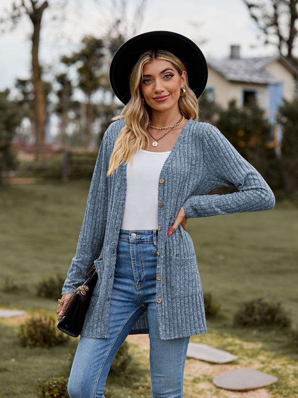 Blue Zone Planet |  Brushed pitted solid color long-sleeved ladies cardigan BLUE ZONE PLANET