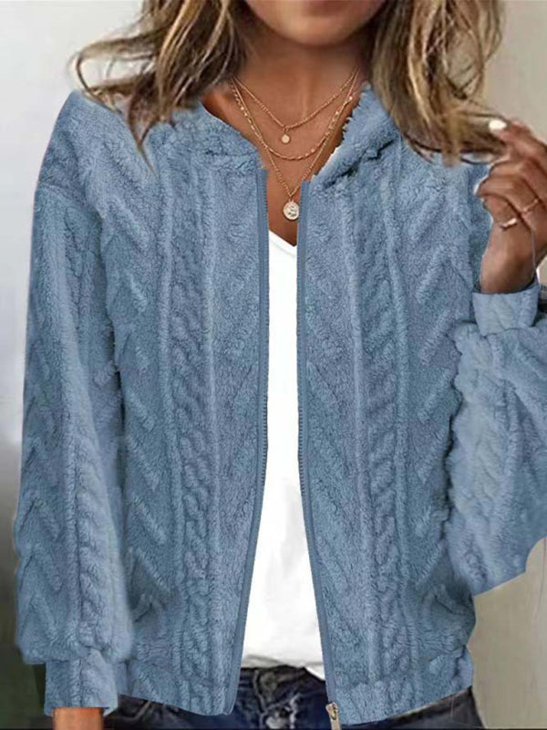 Casual hooded jacquard long-sleeved plush jacket-[Adult]-[Female]-Blue-S-2022 Online Blue Zone Planet