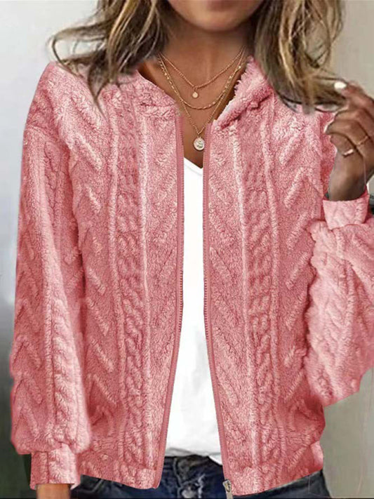 Casual hooded jacquard long-sleeved plush jacket-[Adult]-[Female]-Pink-S-2022 Online Blue Zone Planet