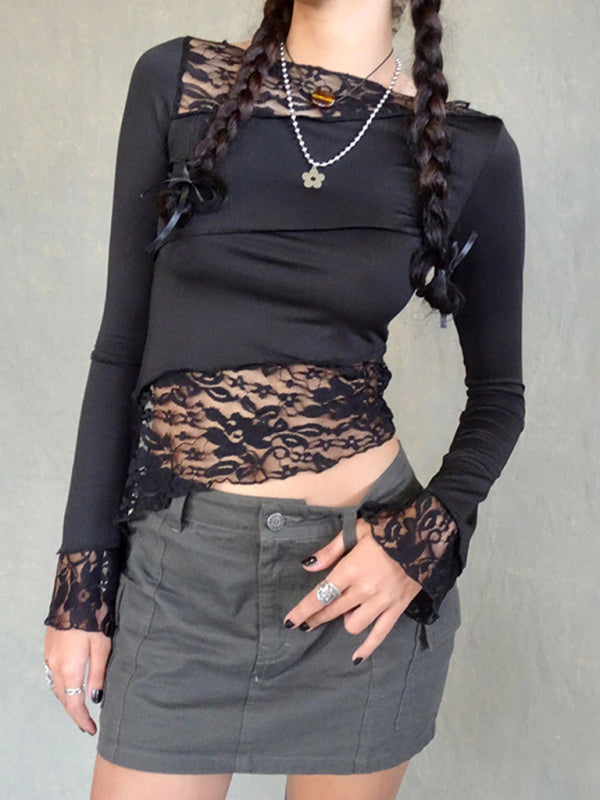 lace patchwork long sleeve top BLUE ZONE PLANET