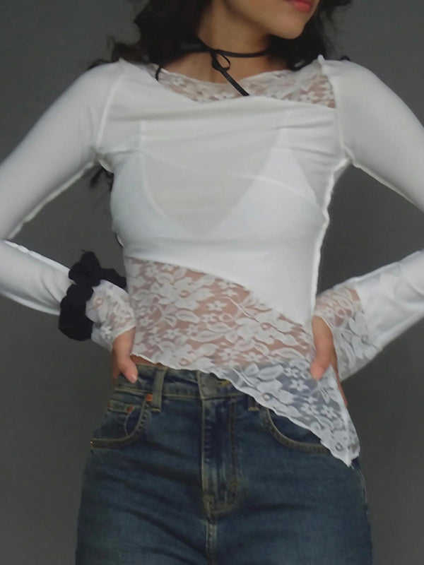 lace patchwork long sleeve top BLUE ZONE PLANET