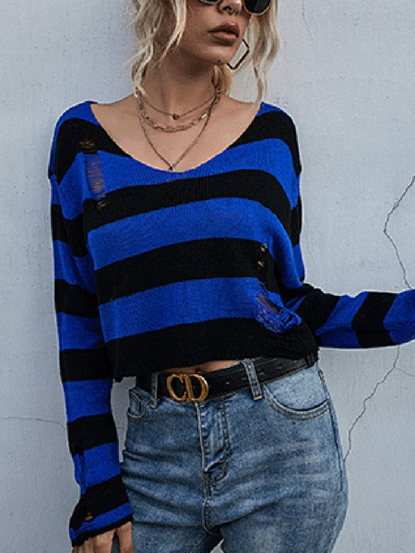 New striped v-neck loose short knitted bottoming sweater BLUE ZONE PLANET