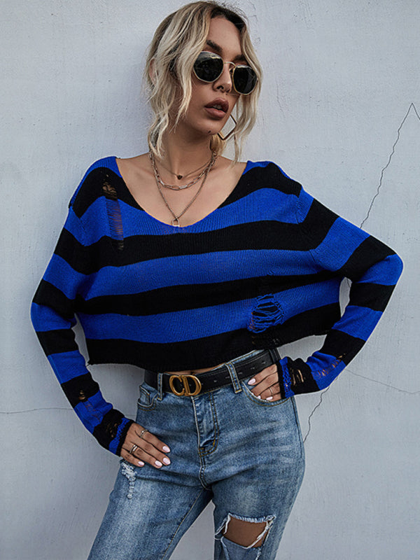 New striped v-neck loose short knitted bottoming sweater BLUE ZONE PLANET