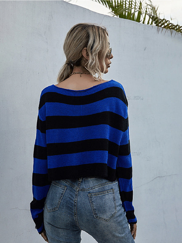 New striped v-neck loose short knitted bottoming sweater BLUE ZONE PLANET