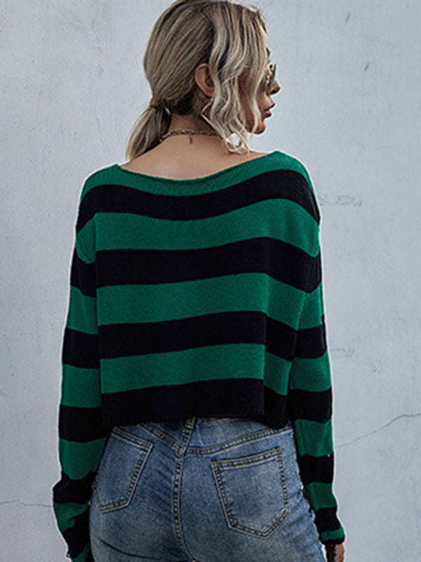 New striped v-neck loose short knitted bottoming sweater BLUE ZONE PLANET