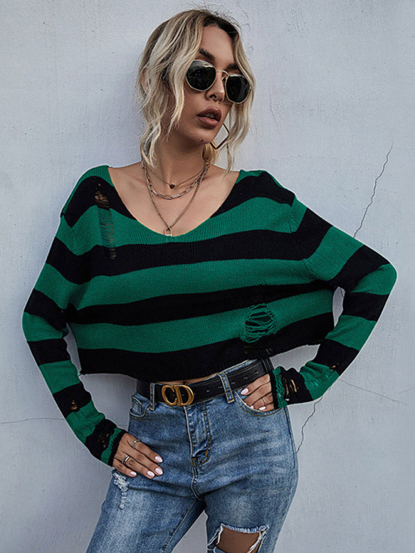 New striped v-neck loose short knitted bottoming sweater BLUE ZONE PLANET