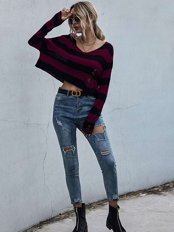 New striped v-neck loose short knitted bottoming sweater BLUE ZONE PLANET