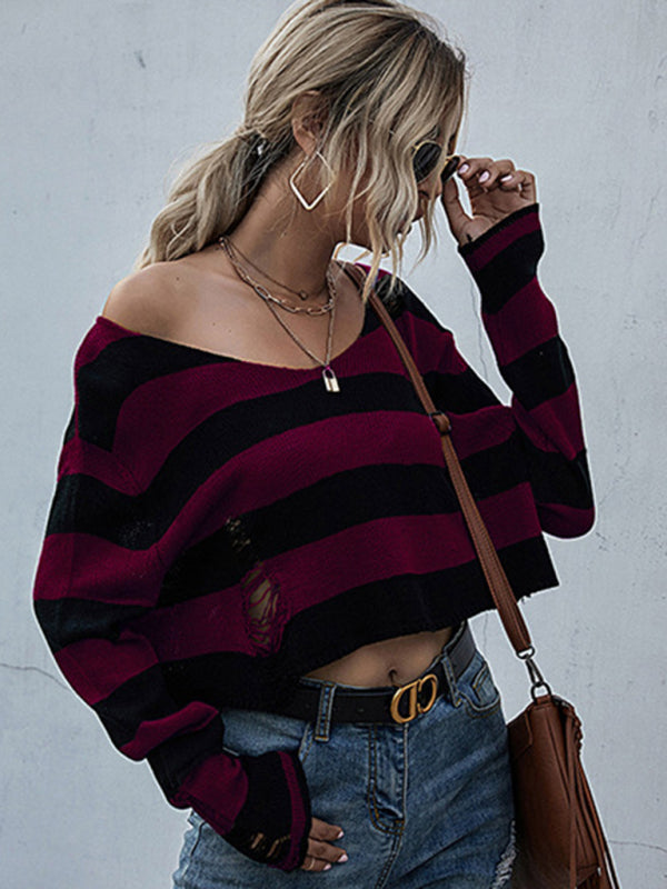 New striped v-neck loose short knitted bottoming sweater BLUE ZONE PLANET