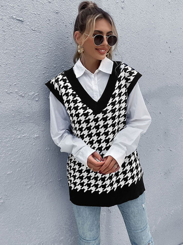 New loose houndstooth v-neck knitted vest BLUE ZONE PLANET