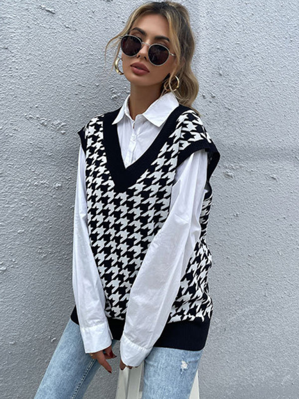 New loose houndstooth v-neck knitted vest BLUE ZONE PLANET