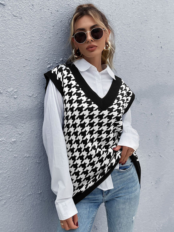 New loose houndstooth v-neck knitted vest BLUE ZONE PLANET