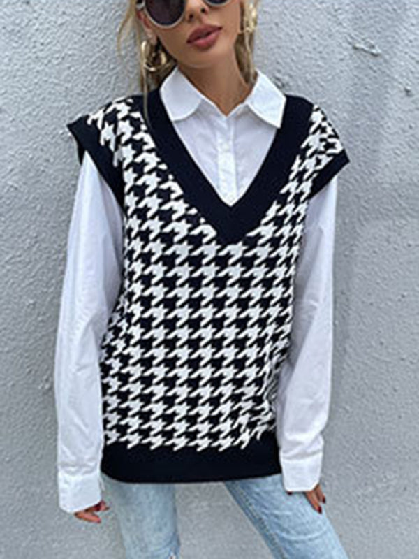 New loose houndstooth v-neck knitted vest BLUE ZONE PLANET