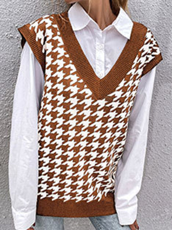 New loose houndstooth v-neck knitted vest BLUE ZONE PLANET