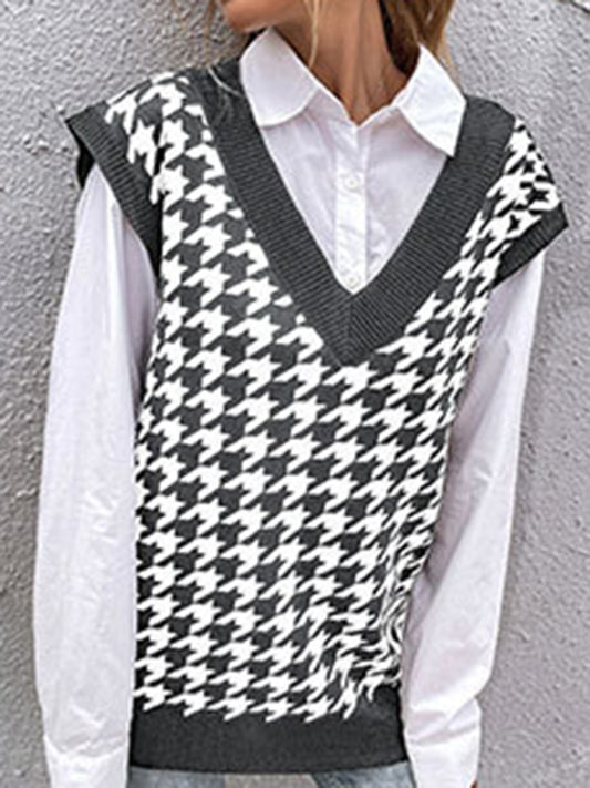 New loose houndstooth v-neck knitted vest BLUE ZONE PLANET