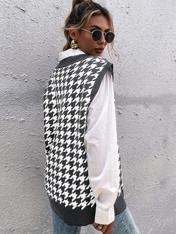 New loose houndstooth v-neck knitted vest BLUE ZONE PLANET