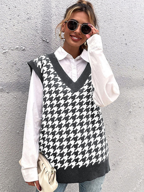 New loose houndstooth v-neck knitted vest BLUE ZONE PLANET