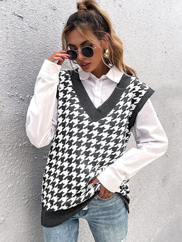 New loose houndstooth v-neck knitted vest BLUE ZONE PLANET