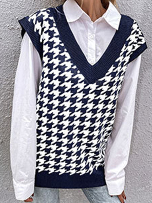 New loose houndstooth v-neck knitted vest BLUE ZONE PLANET