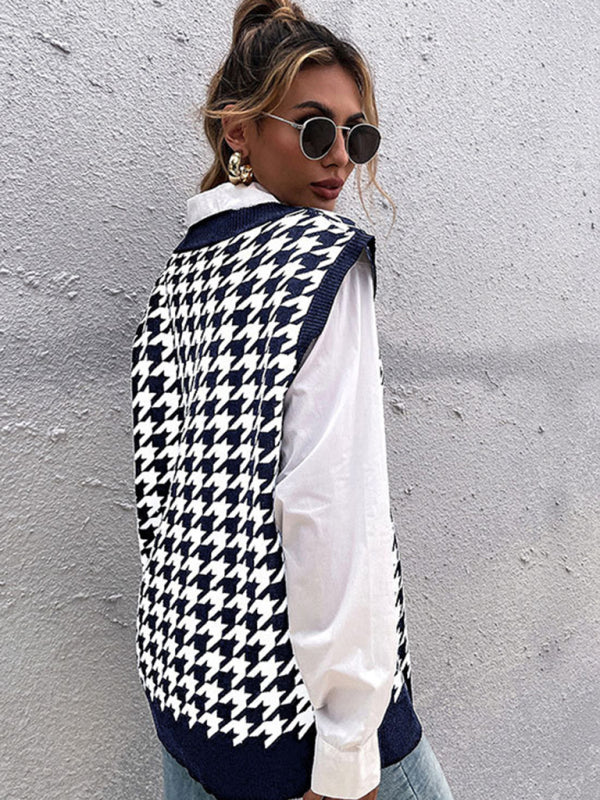 New loose houndstooth v-neck knitted vest BLUE ZONE PLANET