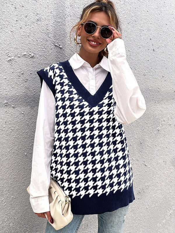 New loose houndstooth v-neck knitted vest BLUE ZONE PLANET