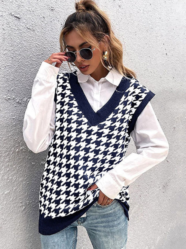 New loose houndstooth v-neck knitted vest BLUE ZONE PLANET