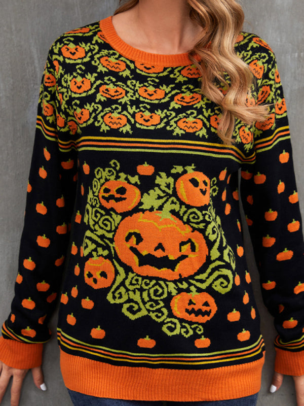 Blue Zone Planet | able Women's Pumpkin Halloween Sweater Autumn Round Neck Pullover Loose Knitwear-TOPS / DRESSES-[Adult]-[Female]-2022 Online Blue Zone Planet