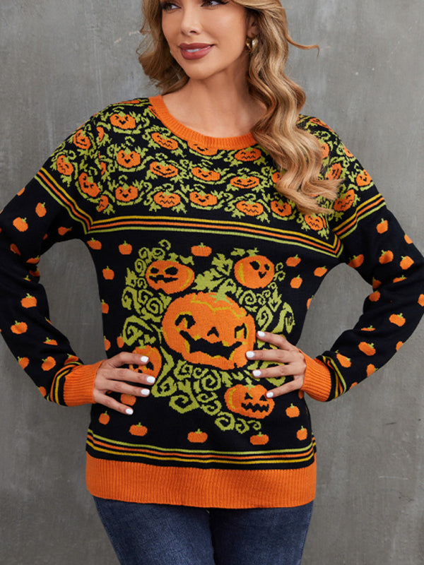 Blue Zone Planet | able Women's Pumpkin Halloween Sweater Autumn Round Neck Pullover Loose Knitwear-TOPS / DRESSES-[Adult]-[Female]-2022 Online Blue Zone Planet