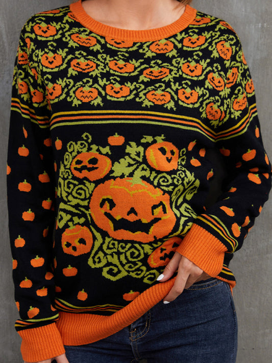 Blue Zone Planet | able Women's Pumpkin Halloween Sweater Autumn Round Neck Pullover Loose Knitwear-TOPS / DRESSES-[Adult]-[Female]-Black-S-2022 Online Blue Zone Planet