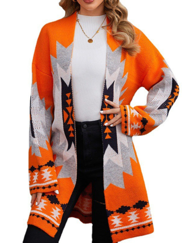 Fashionable women's long knitted cardigan Halloween jacquard contrast sweater-[Adult]-[Female]-2022 Online Blue Zone Planet